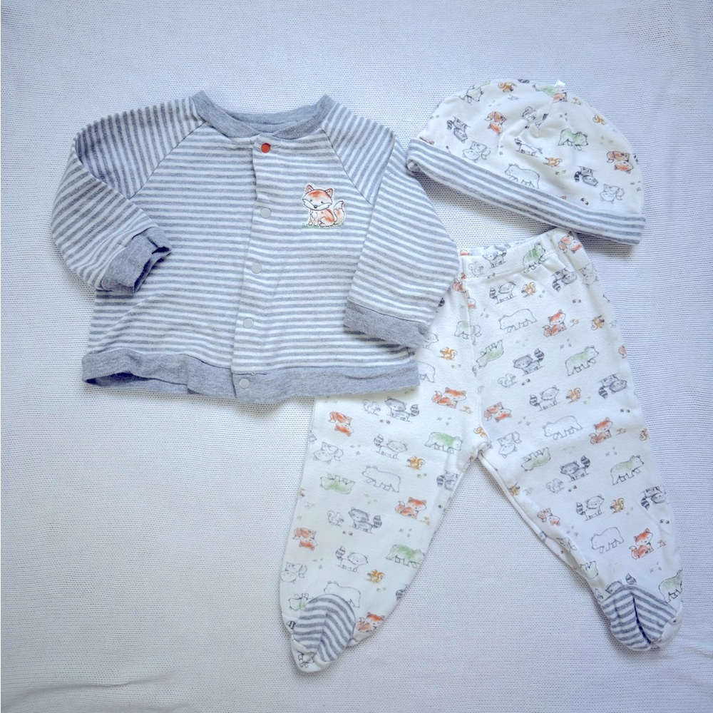 Little Me 3-Piece Fox Outfit Set Sweater Pants Hat Gray White Orange 9M